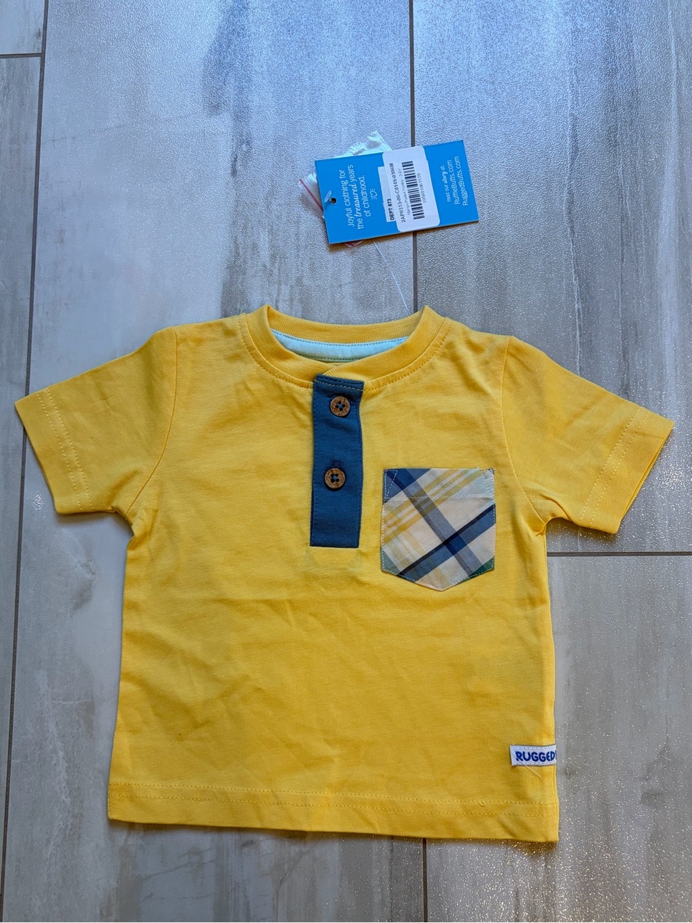 NWT RuggedButts Mango Yellow Blue Plaid Pocket Button Front T-Shirt Boys 3-6M
